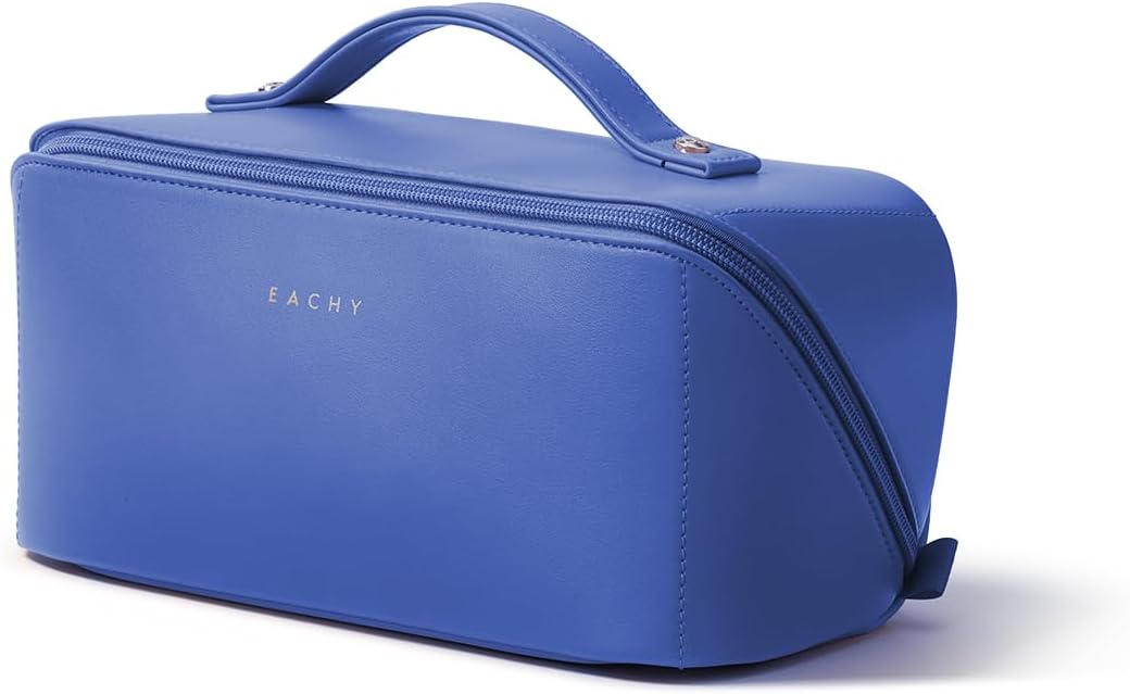 Travel Makeup Bag - Large Capacity Waterproof PU Leather Cosmetic Organizer | Flat Open Design for Skincare & Brushes