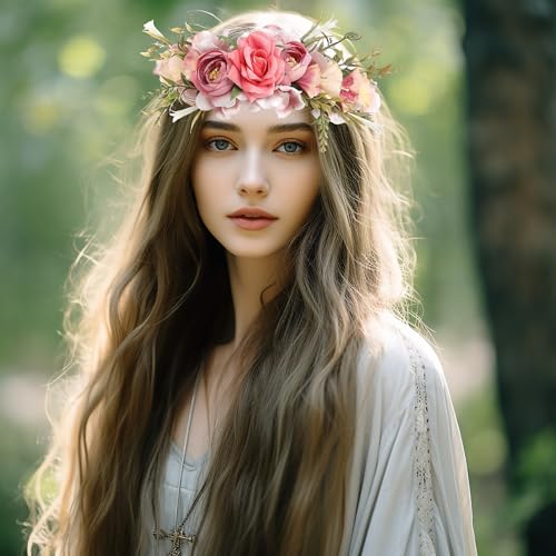 Rosy Floral Crown Headband - Boho Flower Halo Hair Piece (Style I)
