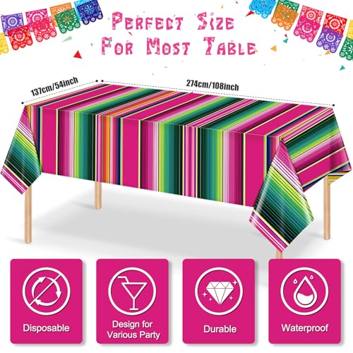 Mexican Fiesta Tablecloths - 3 Pack Disposable Striped Table Covers, 108x54 Inch