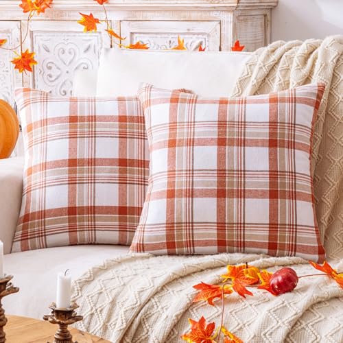Set of 2 Orange Plaid Throw Pillow Covers - 18x18 Inch for Autumn Decor