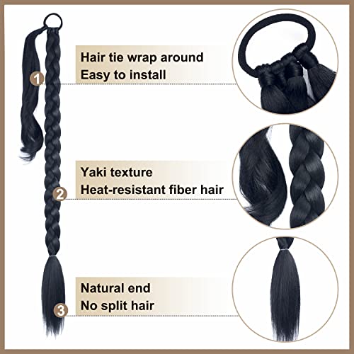 LyoRuSi 2 Pack 30 Inch Black Braided Ponytail Extensions for DIY Styling - Hair Ties Included