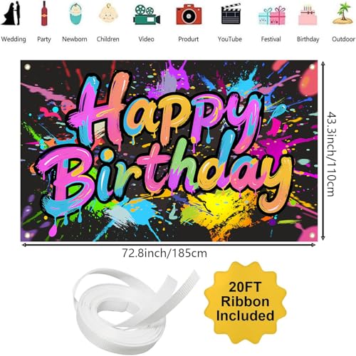 Neon Birthday Banner Backdrop - 72x43 Inch Glow in The Dark Decoration