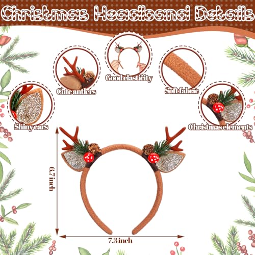 Crowye 6 Pcs Christmas Reindeer Antlers Headband - Mushroom Pine Branch