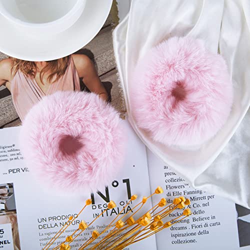 Mljsh 2 PCS Fuzzy Faux Rabbit Fur Hair Scrunchies - Pink