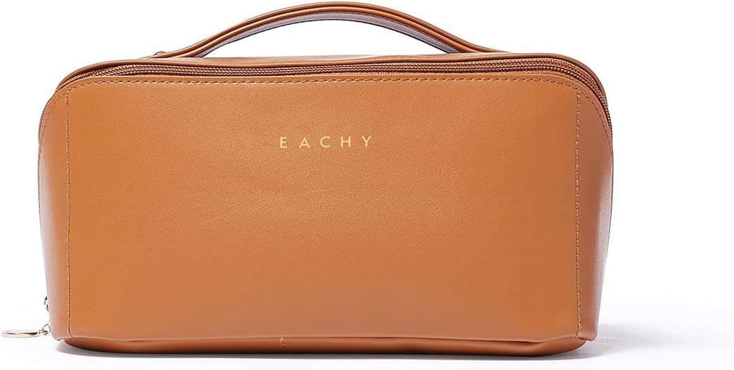 Travel Makeup Bag - Large Capacity Waterproof PU Leather Cosmetic Organizer | Flat Open Design for Skincare & Brushes