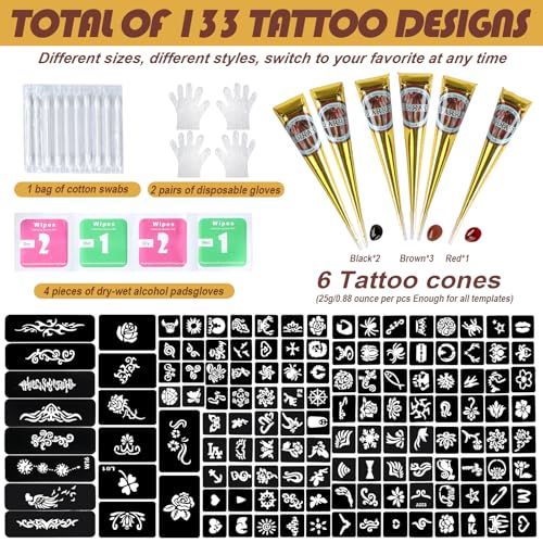 Temporary Tattoo Stencils Kit - 6 Pcs Ink & Gloves for DIY Art