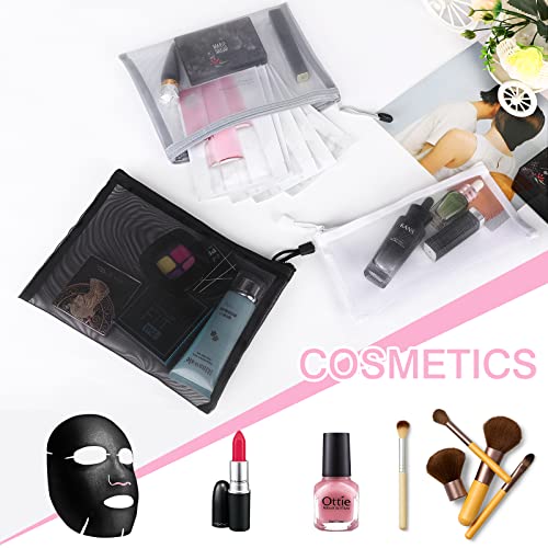 12-Pack Nylon Mesh Pouches - Zipper Makeup Bags in A5+B6 Sizes (Black, White, Grey)