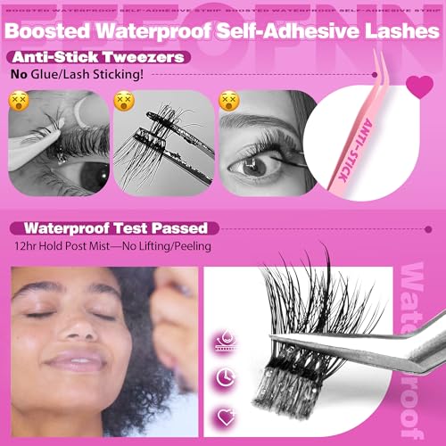 Self Adhesive Eyelashes Fluffy Self Adhesive Lash Clusters Pre Glue Eyelash Clusters Wispy Cluster Eyelash Extensions 10-16mm No Glue Needed Individual Lashes DIY Lash Extension Kit with Tweezers