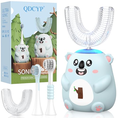 Kids Electric Toothbrush - U-Shaped Sonic Cleaning, 6 Modes, 4 Heads, Cute Koala Design (2-6 Age, Grey Blue)