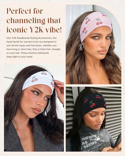 Mesovor 3-Pack Stretchy Cherry Rhinestone Headbands for Women & Girls
