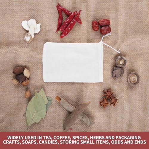 50pcs Reusable Muslin Spice Bags with Drawstring - 4x6 In Cotton Filter Bags for Tea, Coffee, Soup