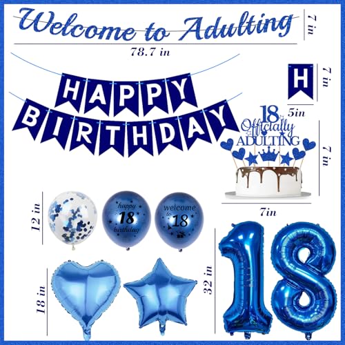 Blue Happy 18th Birthday Decorations Kit - 31 Pcs Balloons & Banner
