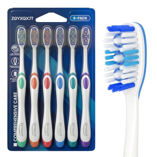 HHYX Hard Bristle Toothbrush for Adults with Tongue Cleaner - 6 Pack