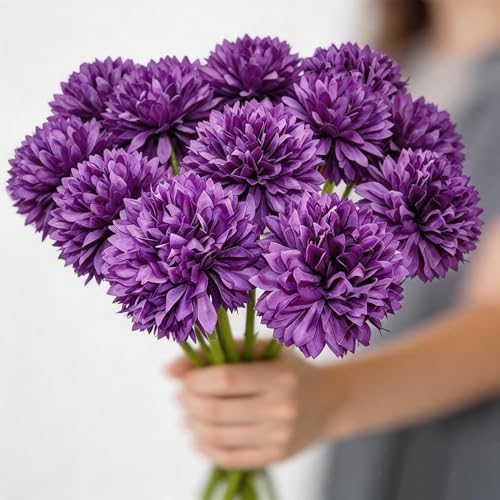 12 Pcs Purple Artificial Ball Chrysanthemum Bouquet for Decor