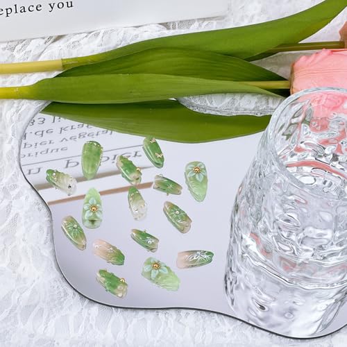 NZRAESTRS 3D Flower Nails - Green Almond Press-On Nails 30pc with 3D Beads, Butterfly & Pearl Decoration (Variation: 3D Flower Nails-2)