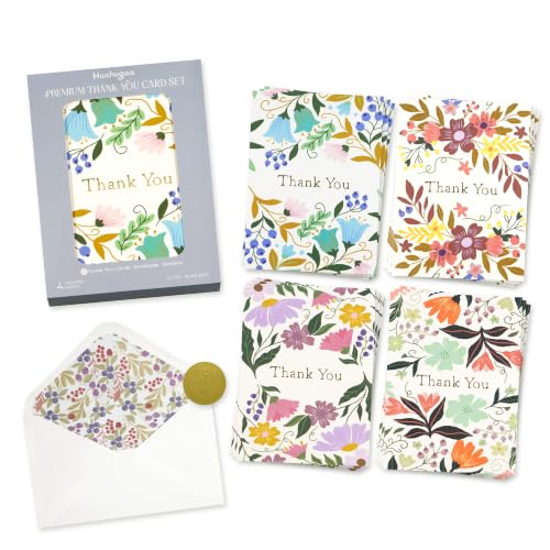 Thank You Cards Set - 12 Floral Design Cards with Envelopes & Stickers | 5x7 Gold Foil