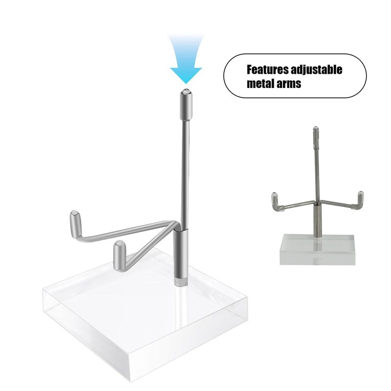 LECEHIVO 20 Pcs Adjustable Metal Arm Display Stand with Acrylic Base Silver Easel Rock Decorative Plate Holder for Picture Book Mineral Geodes Agate Coral Collection