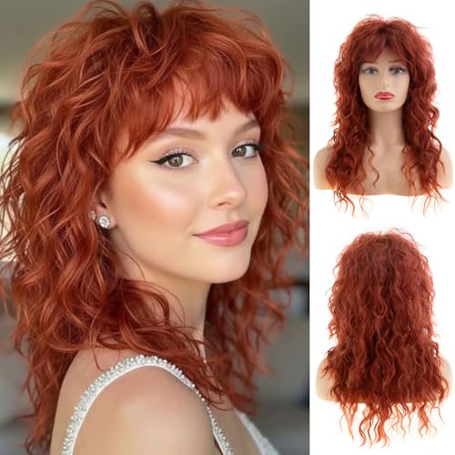 Baruisi Long Curly Wavy Orange Wig with Bangs - Synthetic Heat Resistant