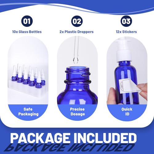 10 Pack Blue Glass Nasal Spray Bottles - Refillable 1 oz Sprayers