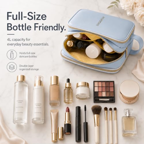 KUOSHI Blue Travel Makeup Bag with Open Flat Design & Waterproof Material