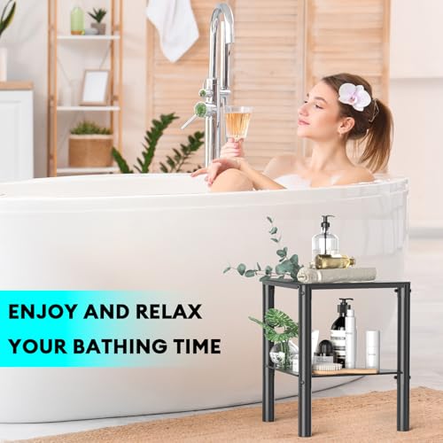 YAJONUE Corner Shower Stool with Storage Shelf & Non-Slip Foot Rest