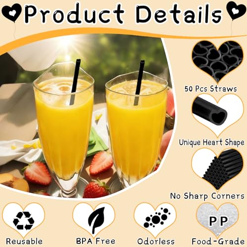 Reusable Black Heart Shaped Straws - 50 Pack for Parties