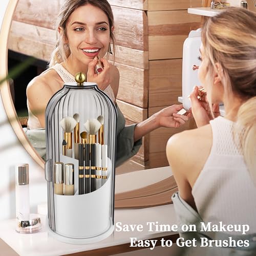 360 Rotating Makeup Brush Holder with Dustproof Lid - Grey Organizer