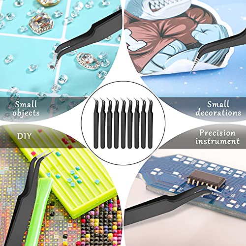 Black Precision Curved Tip Tweezers Set - 9 Pcs for Eyelash & Craft Use