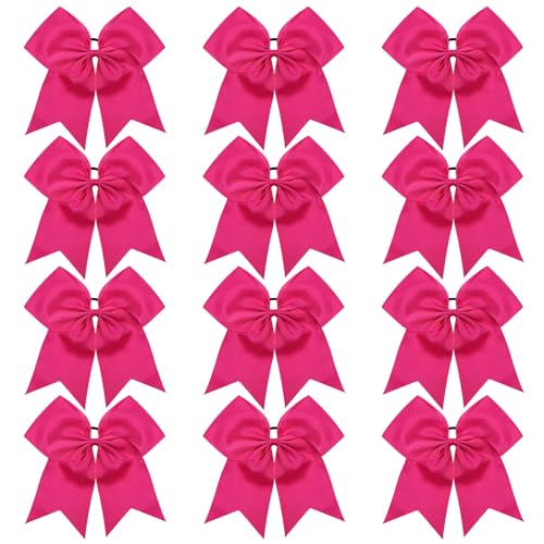 Pink Cheerleading Hair Bows with Elastic Ties - 12 Pack 8 Inch Cheerleader Bows for Sports & Competition