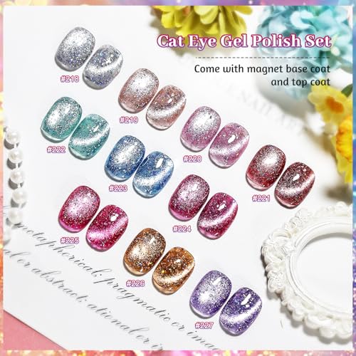 JODSONE Cat Eye Gel Nail Polish Set - 10 Holographic Colors + Base & Top Coat