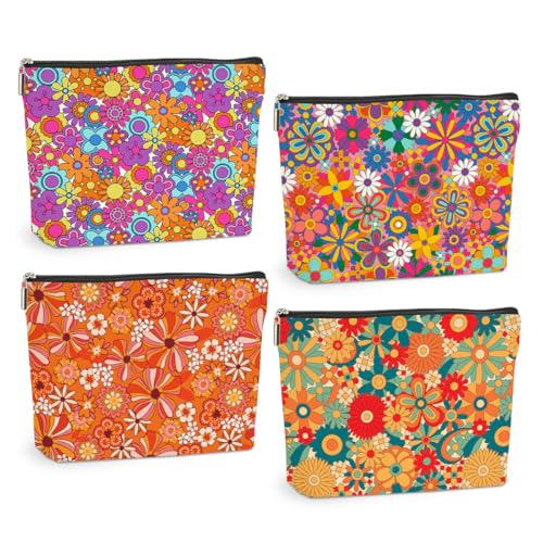 4 Pcs Retro Floral Makeup Bag Set, Boho Cotton Linen Travel Toiletry Pouch