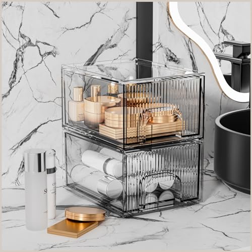 ZHIAI 2 Short Pack Clear Stackable Cosmetic Organizer - Acrylic Drawer Storage for Makeup, Vanity, Kitchen