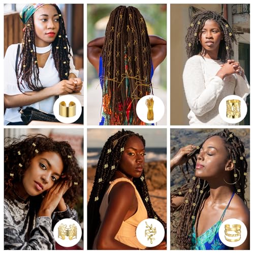 50Pcs Gold Hair Jewelry for Braids - Adjustable Cuffs & Charms