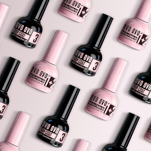 NOVO OVO French Tip Solution Kit – UV Nail Glue Builder Gel Top Coat Bundle (10 ml each) – Includes One Multi-Function Pink Bottle Gel