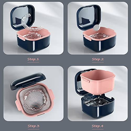 Blue Denture Cup and Retainer Case with Strainer Basket - Travel Oral Storage