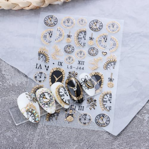 Christmas 6Pcs 3D Nail Stickers Set - Self-Adhesive Gold Glitter Clock & Countdown