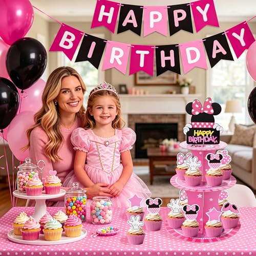 3-Tier Black and Pink Cartoon Cupcake Stand with 24 Toppers