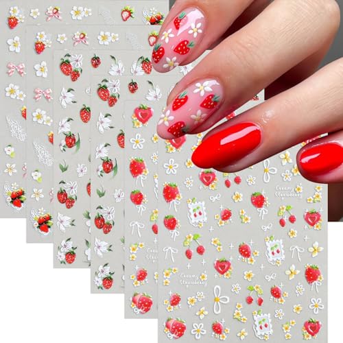 6 Sheets 5D Strawberry Nail Stickers for Creative Nail Art