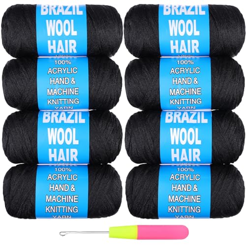 8 Pcs Brazilian Wool Braiding Hair #1B - Soft & Lightweight Yarn for Faux Locs, Twists & Dreadlocks
