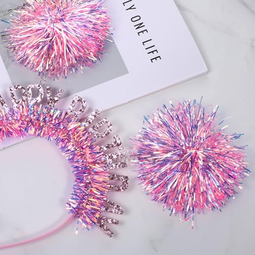 Adjustable Pink Birthday Crown Headband with Pom Poms