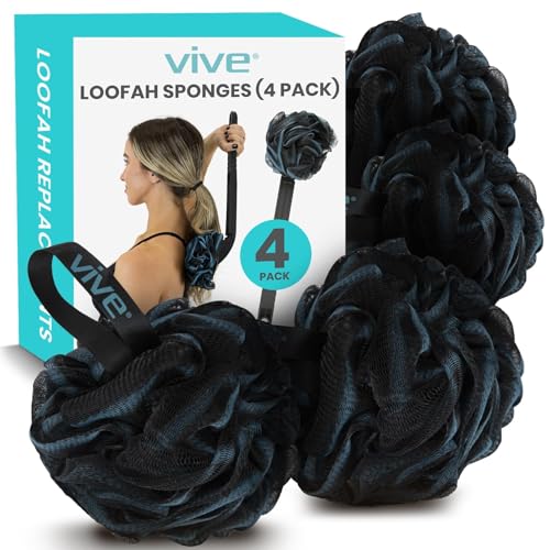 Vive Loofah Sponge Replacement Pack (Black & Blue, 4 Pack) - Exfoliating Shower Pouf for Body and Back