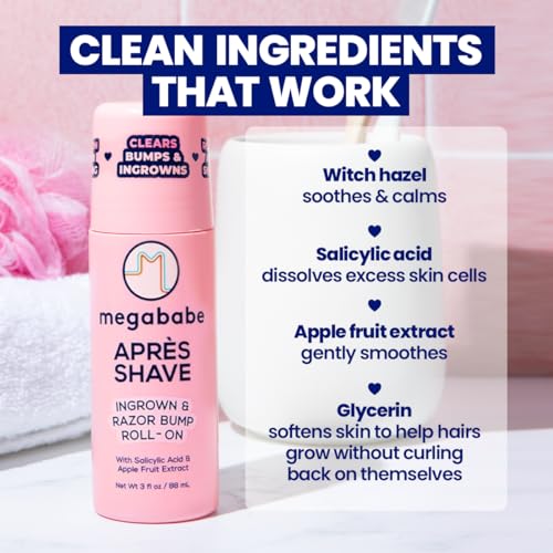 Megababe Apr?s Shave (3.0 fl oz) | Post-Shave & Waxing | Vacation and Hot Weather Must-Have | Ingrown Hair & Razor Bump Roll-On Treatment for Women | Bikini, Armpits & Legs