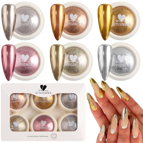 6PCS Holographic Chrome Nail Powder Set - Metallic Mirror Effect
