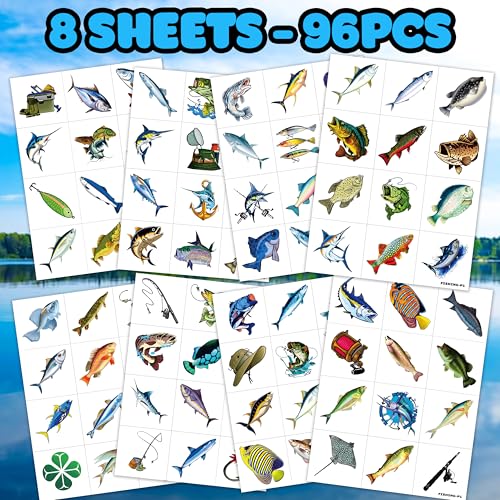 MeoIsDaBest 96 PCS Gone Fishing Kids Temporary Tattoos – Party Favors, Safe & Pre-Cut, Vibrant Designs, Kids’ Birthday Decor (Normal)