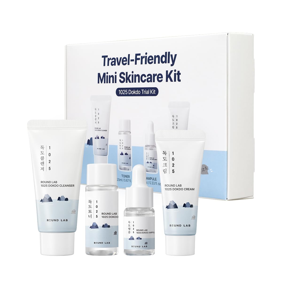 ROUND LAB 1025 Dokdo Hydrating Mini Size Kit | Deep Hydration Travel Set for Dry Skin, Cleanser, Toner, Ampule & Cream