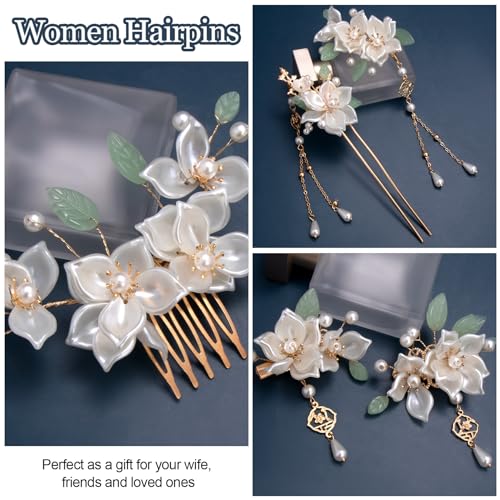 Camellia 5pcs White Flower Tassels Hairpins for Women Wedding Pearl Headpiece