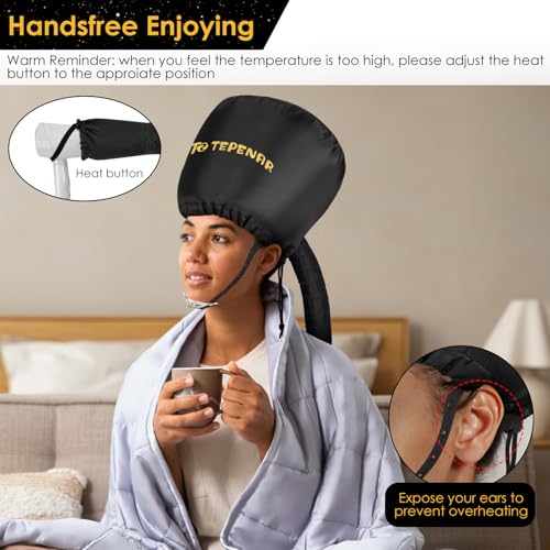 TEPENAR Large Black Adjustable Bonnet Hair Dryer Attachment for Fast, Even Drying