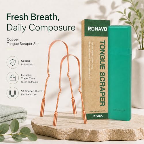 RONAVO Pure Copper Tongue Scraper for Adults - 2 Pack with Travel Case