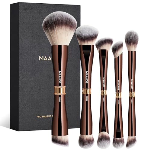 MAANGE Double-Ended Makeup Brush Set 5 Pcs Coffee Brown for Foundation, Concealer, Eyeshadow, Blush & Powder