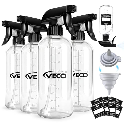 Veco 500mL (17oz) Graduated Spray Bottles, 4-Pack ? 360¡Æ Any-Angle Spraying for Easy Dilution, Leak-Resistant spray bottles for Cleaning, Plants, Hair & Pet Use + Foldable Funnel